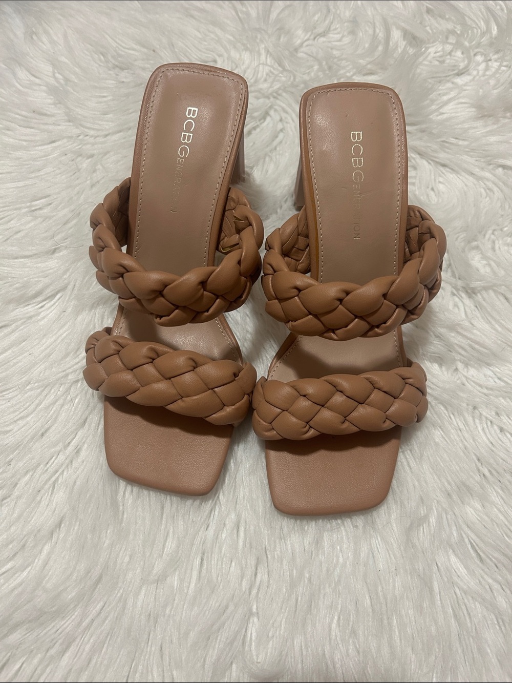 BCBGeneration Braided Double-Strap Slide Heels in Tan